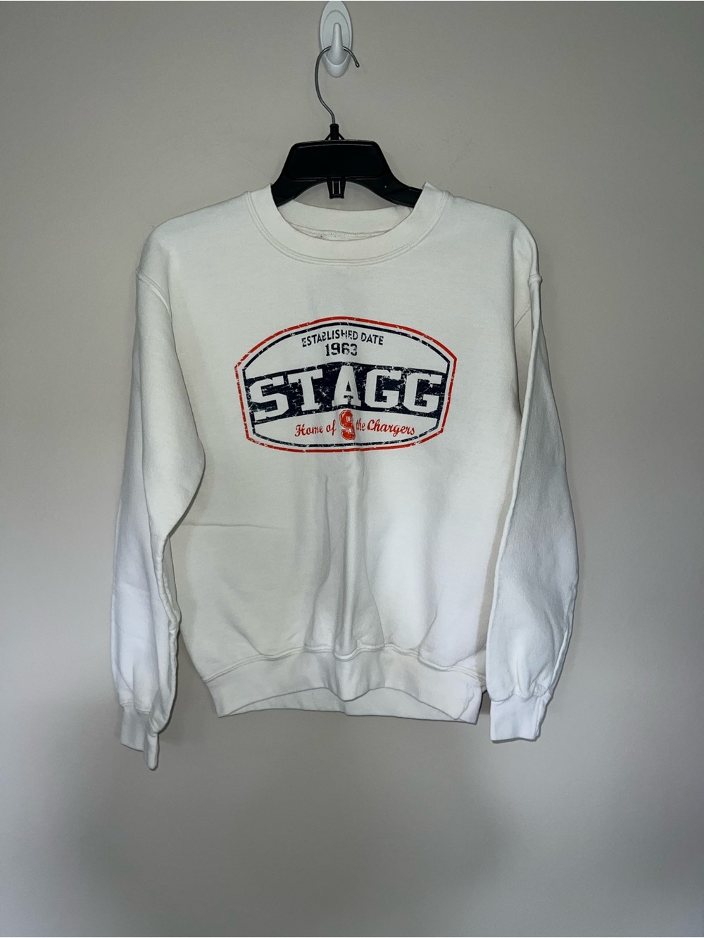 White, orange and navy blue Stagg Chargers High School Sweater Small